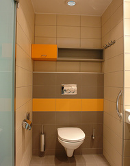 WC mit Unterputzspülkasten und Ablageregal.